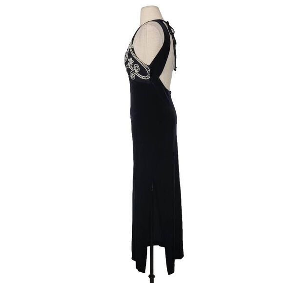 Vtg 90s Zum Zum Niki Livas Black Velvet Maxi Dress‎ Sz S Beaded Halter Open Back - Picture 3 of 11